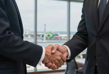 A close-up photography of a professional handshake between two executives in a modern office with a view of a Brazilian port, symbolizing partnership.