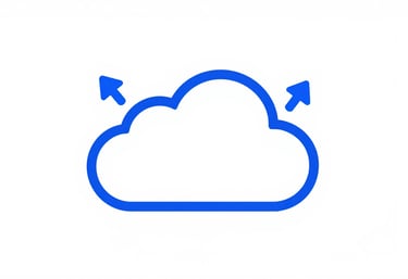 A minimalist graphic of a cloud icon with data arrows flowing in and out, representing cloud-native efficiency, using #4A6FA5 and #1F4287 colors.