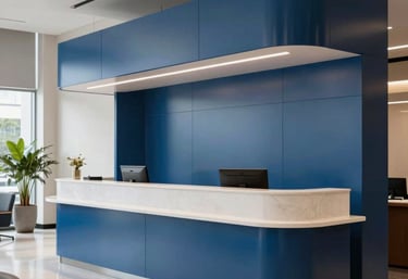 A high-end reception area of a South American / Brazilian corporate headquarters with clean lines, steel blue decor, and a professional, welcoming atmosphere. The focus is on a tidy delivery drop-off point.