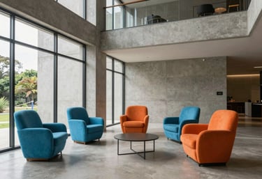 A photography of a modern Brazilian architectural space, clean lines, concrete walls, with vibrant cyan blue and orange accent chairs. Daylight filtering through large windows. Professional and efficient mood.