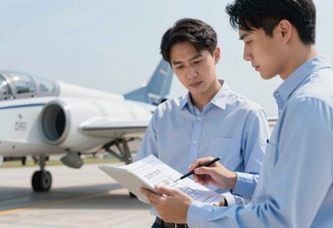 Two aviation engineers in clean professional gear reviewing technical drawings on a tablet next to a jet wing. Innovation and technology focus, using #F2F4F7 and #2B4A6B.