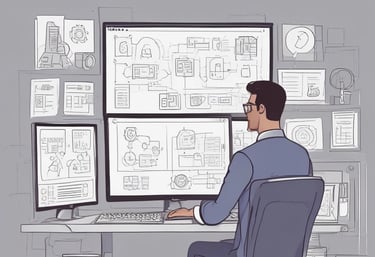 Close-up of hands interacting with futuristic holographic interface showing data and automation flows.