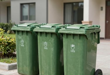 Cleaning equipment neatly arranged ready for use in a commercial space.