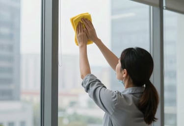 Smiling cleaning team ready to provide top-quality service in a corporate office.