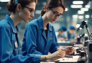 A professional inspector carefully examining products in a busy Chinese manufacturing facility.