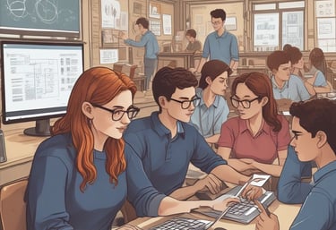 A team of educators and tech experts collaborating over a laptop in a modern office.