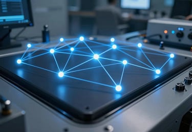 A high-tech digital connectivity hub with glowing blue lines representing network efficiency, professional corporate photography.