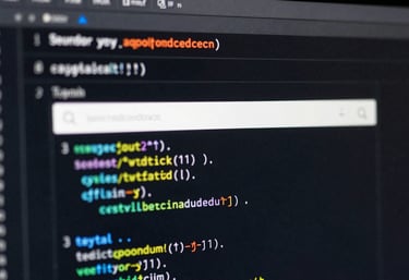 An artistic macro photograph of a high-resolution screen showing glowing code and search engine interface elements, emphasizing precision and technical depth.