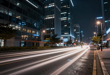 A dynamic shot of a modern city at night with light trails representing data flow, captured with a long exposure for a sleek, futuristic aesthetic.