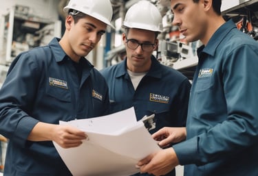 Team collaborating over a laptop with charts and AI icons on screen
