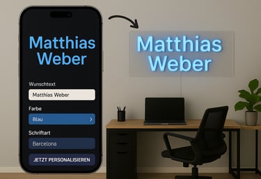 Personalisiertes LED-Neonschild mit Namen in blauer Schrift über einem modernen Arbeitsplatz