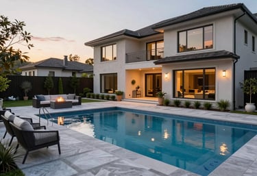 A beautifully finished stone patio with elegant outdoor seating surrounded by lush landscaping under warm sunlight.