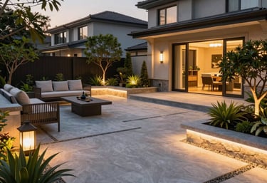 A beautifully constructed stone patio surrounded by lush greenery on a sunny day.