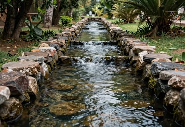 Crystal clear water flowing through a sustainable stone irrigation canal on a farm in San Vicente, Nayarit, reflecting the medium green foliage around it, North American / Mexican landscape.