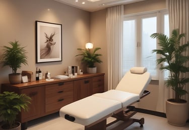 Elegant treatment room bathed in natural light with calming beige and white tones.