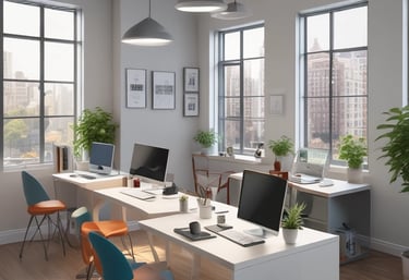 Modern blue and white themed cleaning team working inside a bright city apartment.