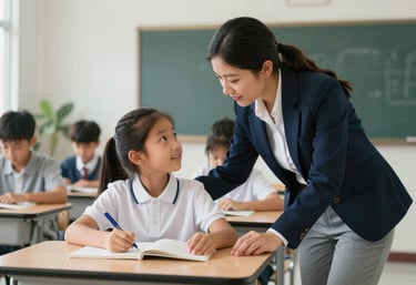 A supportive professional interacting with a young student in a modern North American / US / Florida classroom setting, clean and modern lighting.