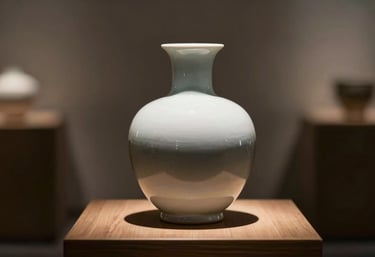 A single, exquisitely crafted ceramic vessel with a modern silhouette, showcased on a wooden pedestal. The lighting is focused and warm, highlighting the smooth glaze.