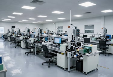 A wide-angle shot of a modern, clean electronics manufacturing facility with automated assembly lines and soft light gray floors.