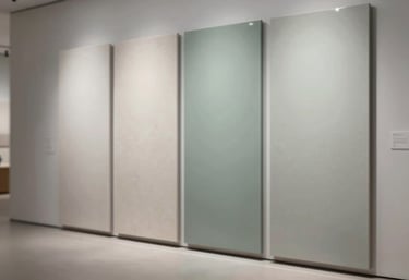 An elegant display of large-format ceramic wall panels in a modern architectural gallery. The panels have a subtle, refined texture in a mix of #F7F7F7 and #A4BC9F tones.