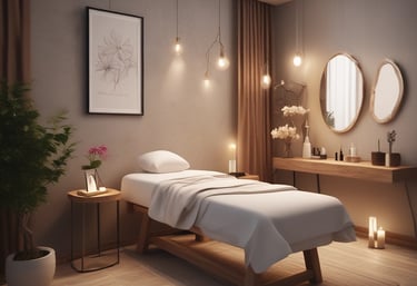 Close-up of gentle hands applying a soothing facial mask in a calm, pastel-colored salon.