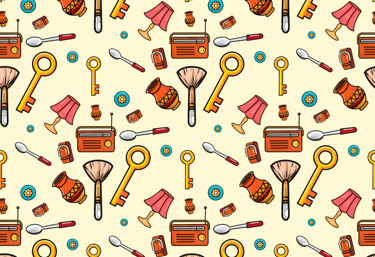 Colorful household items seamless pattern for digital downloads and print on demand products.
