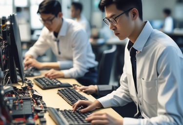 A friendly team collaborating over laptops with olive green and warm cream accents in a modern office.