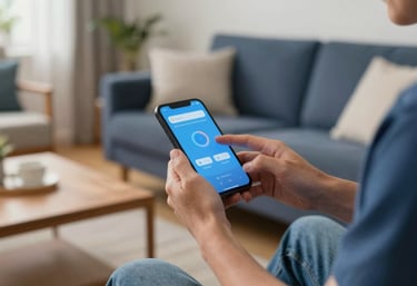 A photograph of a person in a bright North American / US living room interacting with a smart device. The scene is warm and emphasizes ease of use, featuring navy blue and sky blue accents.