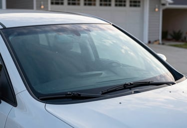 A close-up view of a car parked in a clean US driveway with a crystal-clear, newly repaired windshield reflecting a soft sky blue horizon.