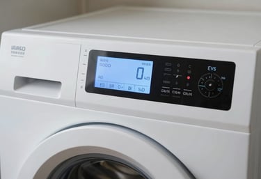 A detailed macro shot of a modern washing machine's digital control panel, showing clear status icons. The lighting is crisp and highlights the soft sky blue interface.