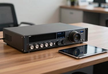 Detailed shot of a high-end telecommunication system and tablet on a wooden desk in a professional Brazilian office setting.