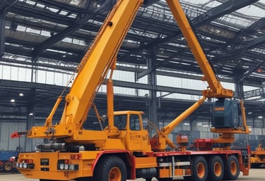 A modern crane truck lifting heavy construction materials at a busy urban site.