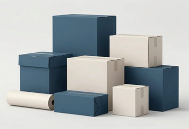 An organized arrangement of high-end packing supplies, including heavy-duty boxes and premium wrap, against a clean studio background. Colors: #4A6D8C and #F7F4EF.