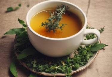 A close-up of fresh fruits and herbal tea on a rustic wooden table.