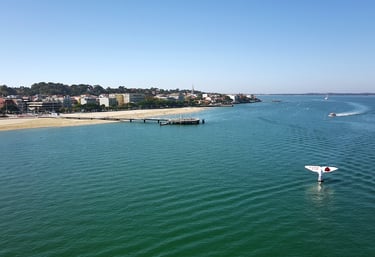 Vue aérienne de la baie d'Arcachon avec une sculpture de queue de baleine dans l'eau turquoise