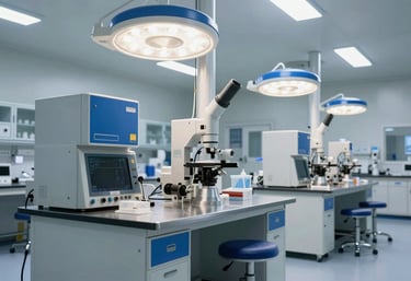 A sterile and modern laboratory interior with stainless steel equipment and royal blue accents under clean, bright white lights.