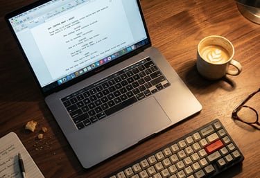a laptop computer sitting on a desk with a keyboard and a cup of coffee