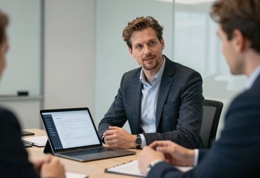 A Western European / Dutch executive leading a meeting with AI-transcription tools visible on a tablet, modern boardroom.
