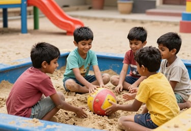 Indian Children happily playing in a colorful sandpit surrounded by playful equipment.