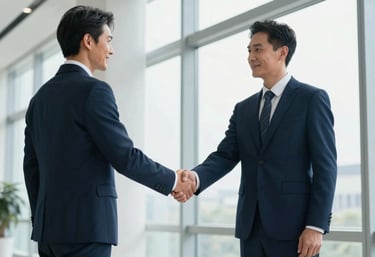 Two business professionals in professional attire shaking hands in a bright, modern lobby with floor-to-ceiling windows. The aesthetic is clean and sophisticated with Deep Navy Blue tones.