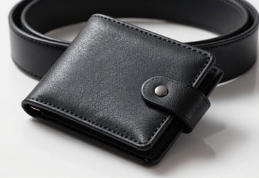 A close-up of a premium charcoal black leather wallet and a matching belt on a polished pure brilliant white surface. Sharp focus, dramatic lighting highlighting the texture of the leather.