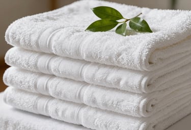 A stack of thick, plush pure brilliant white cotton towels in a luxury spa setting. A sprig of green leaves rests on top, suggesting purity and high-end textile quality.
