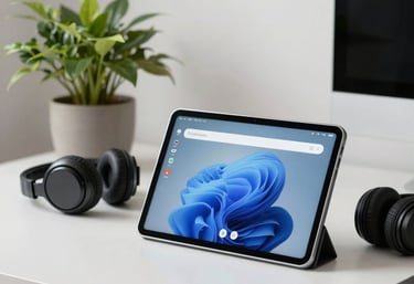 An aesthetic shot of an Android tablet sitting next to a potted plant and a pair of headphones. Modern, clean, and practical North American home office.