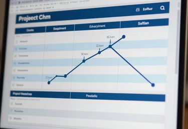 Macro shot of a high-resolution laptop screen showing a project management board with app development milestones. Oxford Blue and Silver Lake Blue palette.