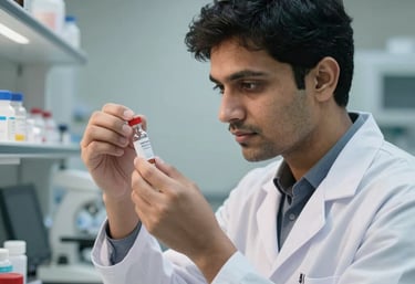 Detailed photograph of a researcher in a lab coat carefully examining a glass vial in a clean, professional South Asian pharmaceutical lab.