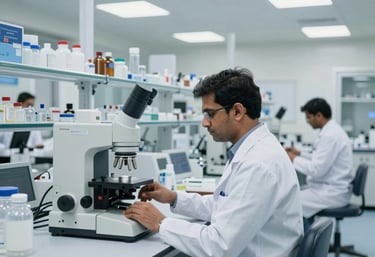 A wide shot of a modern pharmaceutical laboratory in India, South Asian scientists in white coats using high-precision equipment, bright and clinical lighting, emphasizing innovation and hygiene.