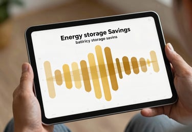 A person holding a tablet showing an energy monitoring interface with warm harvest gold data points, illustrating battery storage savings.