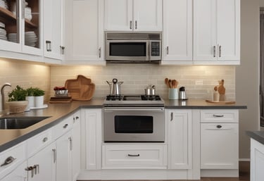 Close-up of freshly painted kitchen cabinets with a glossy finish.