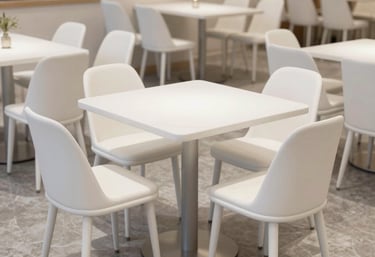 A cozy restaurant corner featuring sturdy melamine tables with warm lighting.
