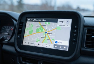 A modern GPS navigation screen inside a truck cabin showing a map of Lviv, highlighting local expertise. Soft light blue palette.